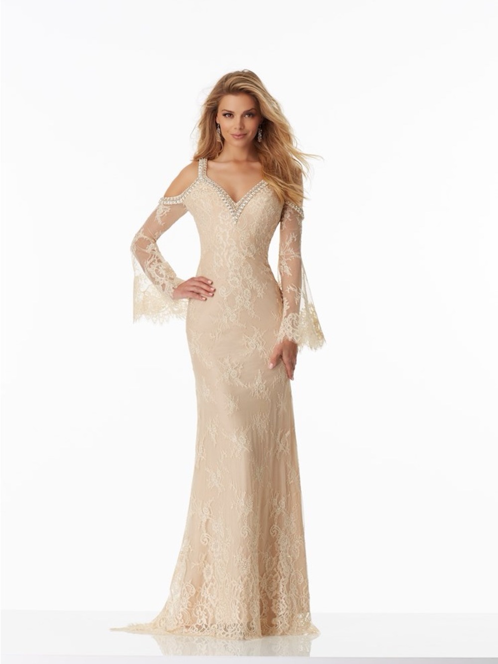 MORILEE Lace Cold-Shoulder Evening Gown in Champagne